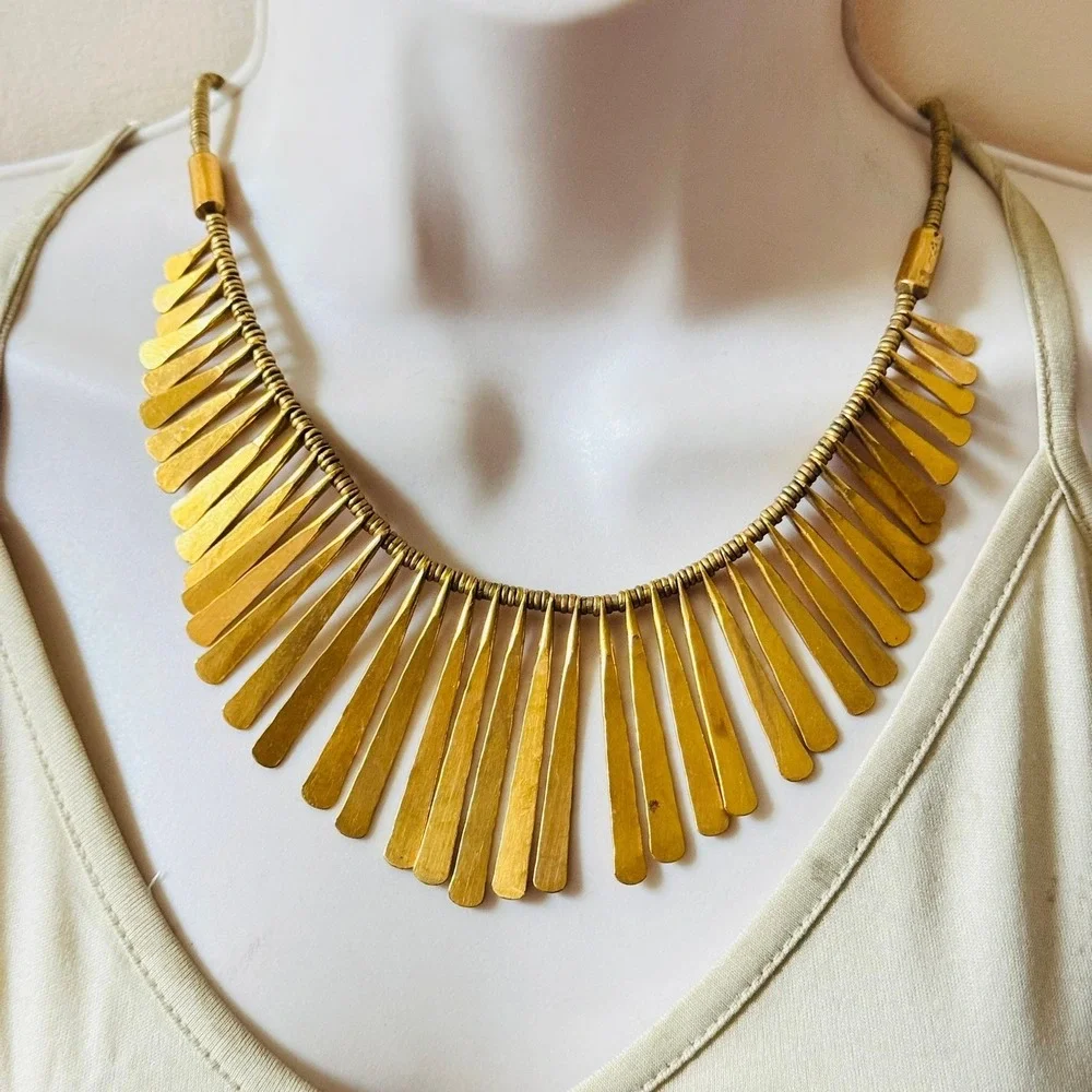 VTG‎ Regal Collar Textured necklace Egyptian Style Runway Statement Brass chunky